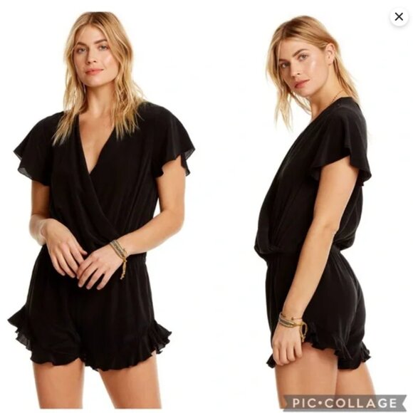 Chaser Black Silk Flouncy Surplice Romper Ruffle Feminine XS - Picture 1 of 13